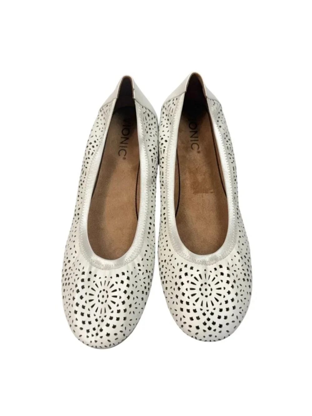 Vionic Robyn Ballet Flats Size 8.5 Perforated Napa Leather White Laser Cut Shoes